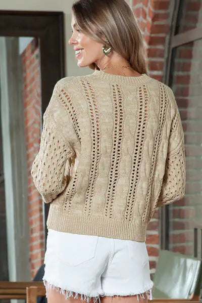 Full Size Cable-Knit Round Neck Sweater